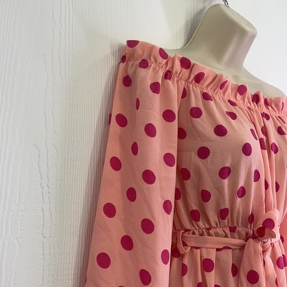 PrettyLittleThing- Dusty Pink Polka Dot Bardot Tie Waist Shift Dress Size 2 - Picture 6 of 13